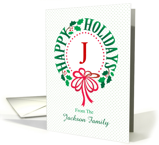 Monogram J and Custom Name Typography Christmas Wreath card (1710602)