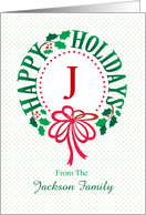Monogram J and Custom Name Typography Christmas Wreath card