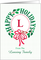 Monogram L and Custom Name Typography Christmas Wreath card