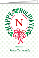 Monogram N and Custom Name Typography Christmas Wreath card