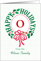 Monogram O and Custom Name Typography Christmas Wreath card