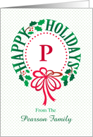 Monogram P and Custom Name Typography Christmas Wreath card