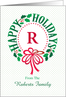 Monogram R and Custom Name Typography Christmas Wreath card