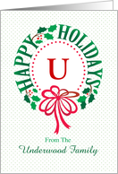 Monogram U and Custom Name Typography Christmas Wreath card