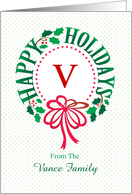 Monogram V and Custom Name Typography Christmas Wreath card