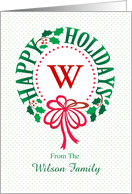 Monogram W and Custom Name Typography Christmas Wreath card
