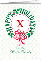 Monogram X and Custom Name Typography Christmas Wreath card