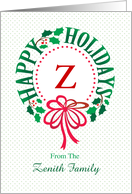 Monogram Z and Custom Name Typography Christmas Wreath card