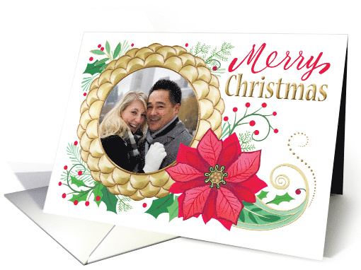 Custom Photo Merry Christmas Gold Look Frame And Poinsettia card