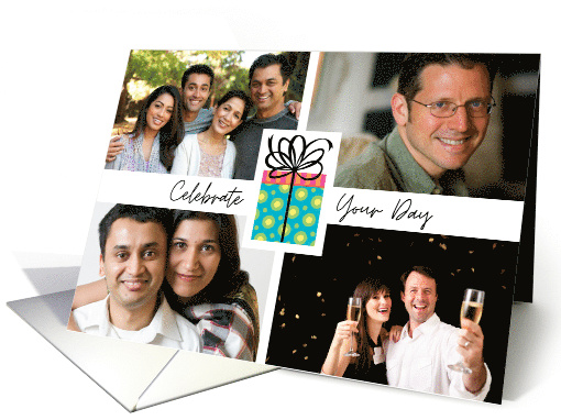 4 Photos Birthday Present In Bright Colored Dots And Stripes card