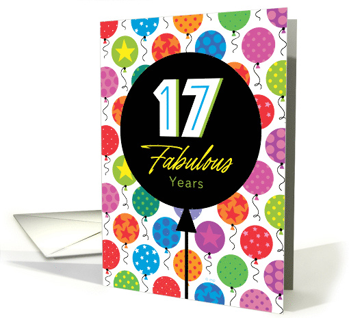 17th Birthday Colorful Floating Balloons With Stars And Dots card