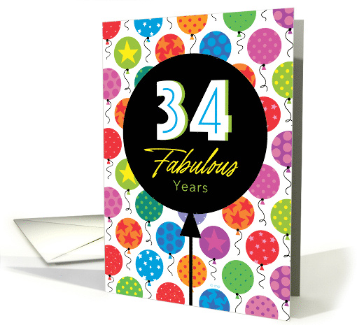 34th Birthday Colorful Floating Balloons With Stars And Dots card