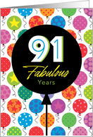 91st Birthday Colorful Floating Balloons With Stars And Dots card