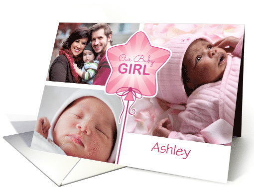 3 Photo Custom A Name Birth Announcement Pink Star Balloon card