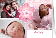 3 Photo Custom A Name Birth Announcement Pink Star Balloon card