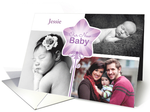 3 Photo Custom Name Birth Announcement Purple Star Balloon card