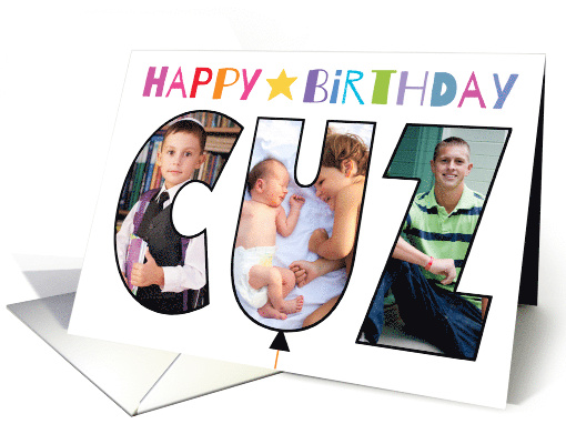 Cousin 3 Custom Photos Happy Birthday Balloon Colorful Lettering card