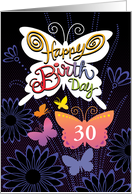Age 30 Birthday Butterlies Hand Lettering With Dark Blue Flowers card