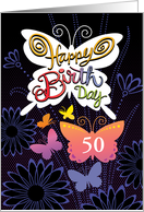 Age 50 Birthday Butterlies Hand Lettering With Dark Blue Flowers card