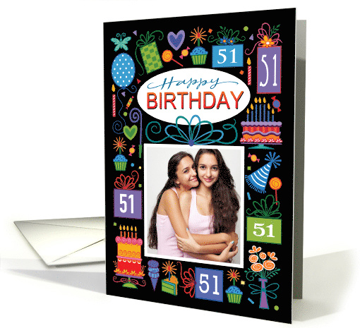 51st Birthday Blue Cake Cupcake Presents Balloon Photo card (1738508)