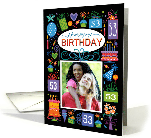 53rd Birthday Blue Cake Cupcake Presents Balloon Photo card (1738528)