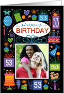 53rd Birthday Blue Cake Cupcake Presents Balloon Photo card