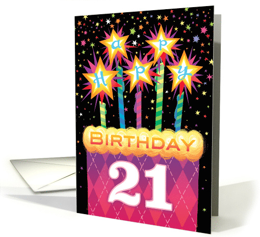 21st Birthday Pink Argyle Cake With Sparklers card (1738602)