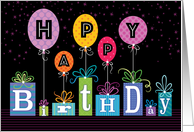 Business Mixed Lettering On Bright Birthday Presents And Balloons card