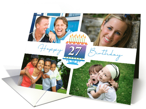 27 Striped Birthday Cake And Candles With 4 Custom Photos card
