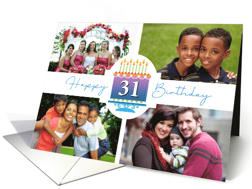 31 Striped Birthday Cake And Candles With 4 Custom Photos card