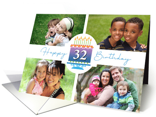 32 Striped Birthday Cake And Candles With 4 Custom Photos card