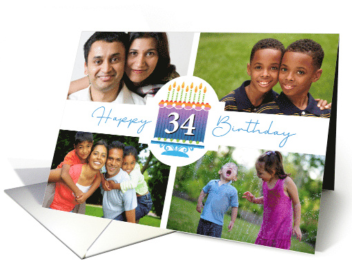 34 Striped Birthday Cake And Candles With 4 Custom Photos card