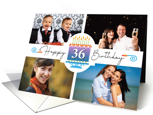 36 Striped Birthday Cake And Candles With 4 Custom Photos card