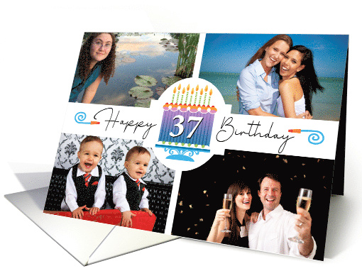 37 Striped Birthday Cake And Candles With 4 Custom Photos card