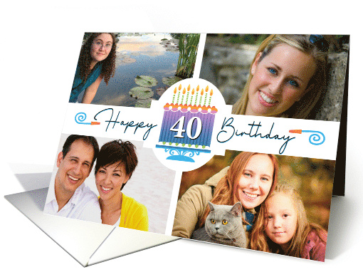 40 Striped Birthday Cake And Candles With 4 Custom Photos card