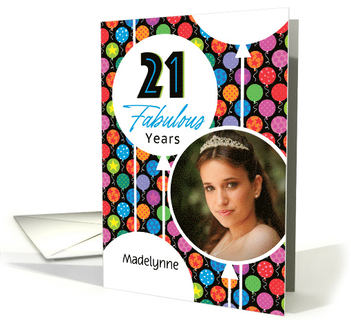 21st Birthday Custom Photo And Name Balloons With Stars And Dots card