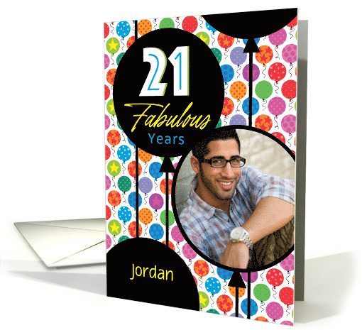 21st Birthday Custom Photo And Name Balloons With Stars And Dots card