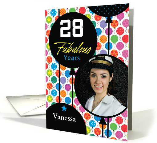 28th Birthday Colorful Floating Balloons With Stars And Dots card