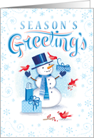 Vignette Blue Snowman Red Birds Seasons Greetings card