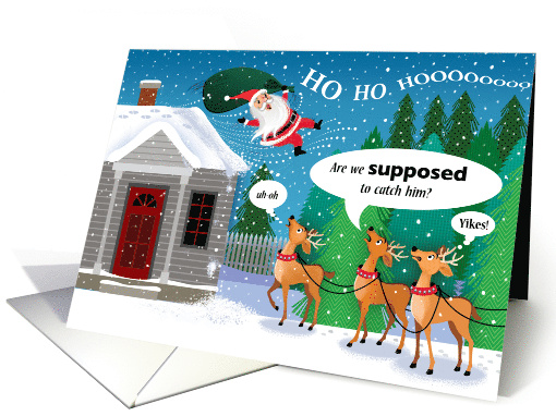 Santa Sliding Off Roof Towards Reindeer card (1752890)