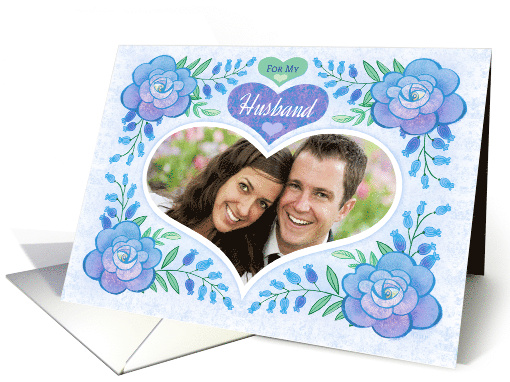 Husband Custom Photo Happy Valentine's Day Blue Roses And Hearts card