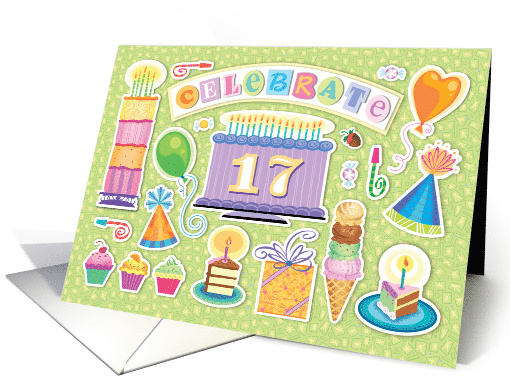 17th Birthday Bright Cake Cupcakes Party Hats Balloons card (1758616)