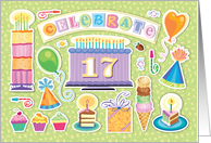 17th Birthday Bright Cake Cupcakes Party Hats Balloons card