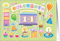 14th Birthday Bright Cake Cupcakes Party Hats Balloons card