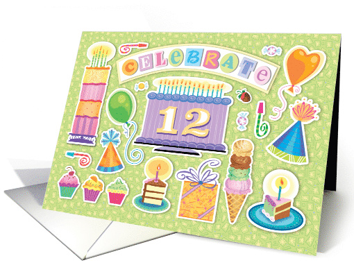 12th Birthday Bright Cake Cupcakes Party Hats Balloons card (1758632)