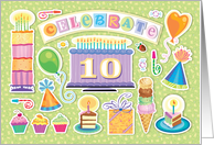 10th Birthday Bright Cake Cupcakes Party Hats Balloons card