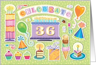 36th Birthday Bright Cake Cupcakes Party Hats Balloons card