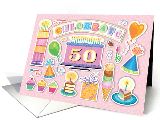 50th Birthday Bright Cake Cupcakes Party Hats Balloons card (1759108)