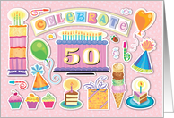 50th Birthday Bright Cake Cupcakes Party Hats Balloons card