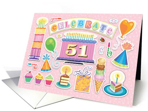 51st Birthday Bright Cake Cupcakes Party Hats Balloons card (1759172)